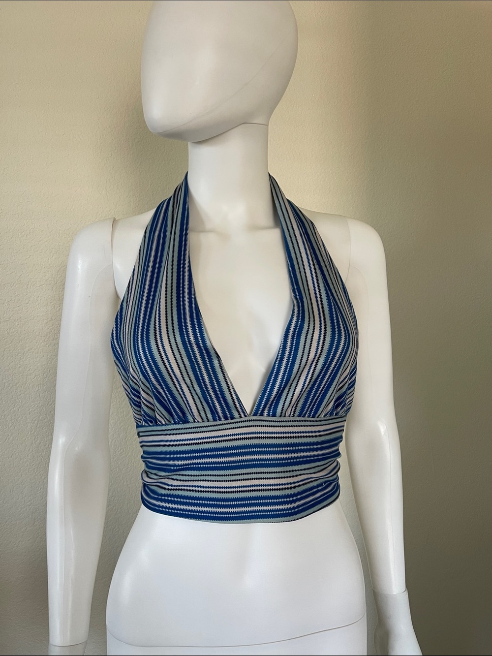Blue Striped Halter Crop Top - Women